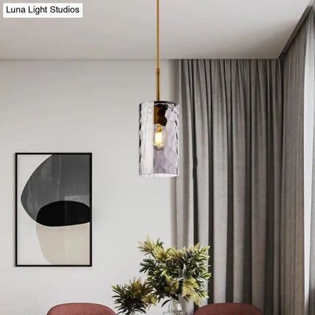 Modern Minimalist Ripple Glass Hanging Pendant Lamp For Dining Room - 1-Light Cylinder Design