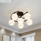 Modern Moon Frame Iron Semi Mount Black Flush Lamp With White Glass Shade - 3/6 Light Option