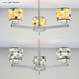 Modern Mosaic Chandelier With Drum Shade - 3 Lights Blue/Yellow Perfect For Bathrooms