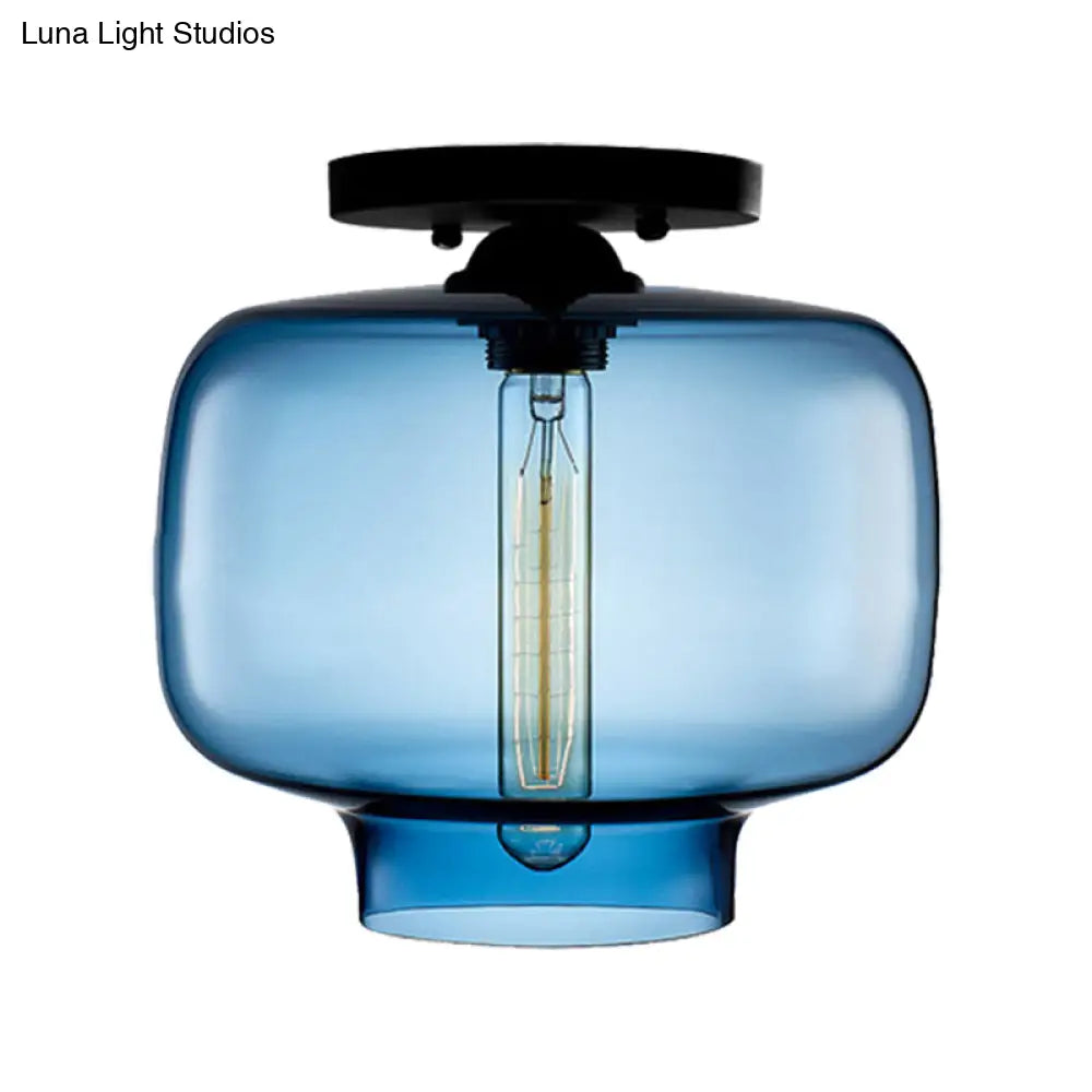 Modern Multi - Colored Lantern Flushmount Light With Glass Shade - Black Finish