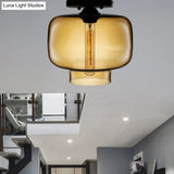 Modern Multi - Colored Lantern Flushmount Light With Glass Shade - Black Finish