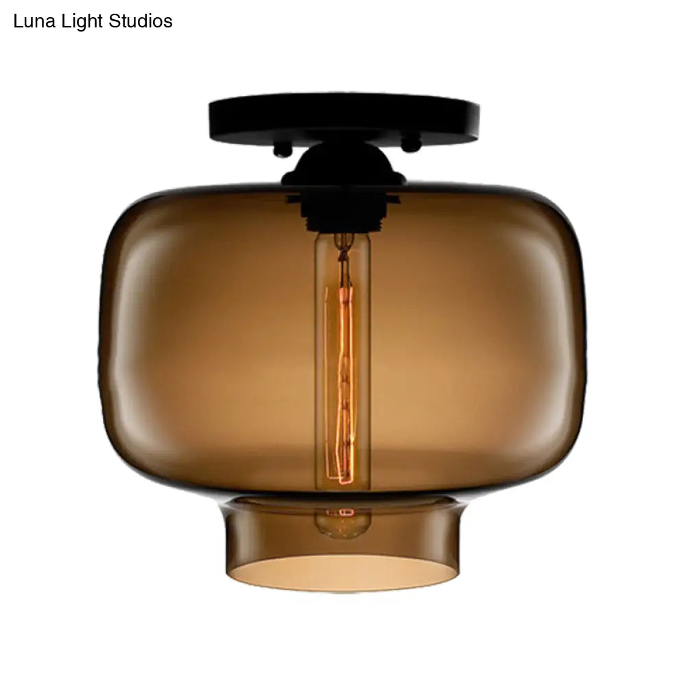 Modern Multi - Colored Lantern Flushmount Light With Glass Shade - Black Finish