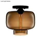 Modern Multi - Colored Lantern Flushmount Light With Glass Shade - Black Finish