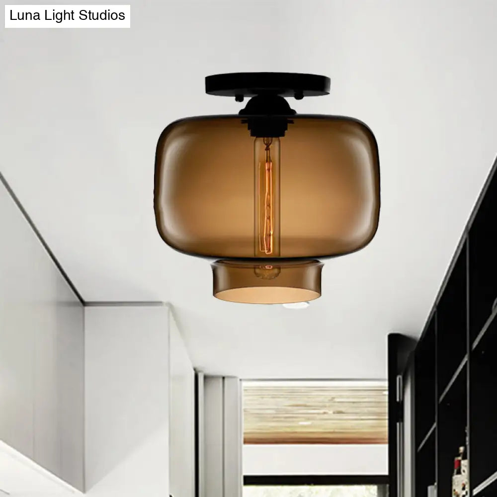Modern Multi - Colored Lantern Flushmount Light With Glass Shade - Black Finish