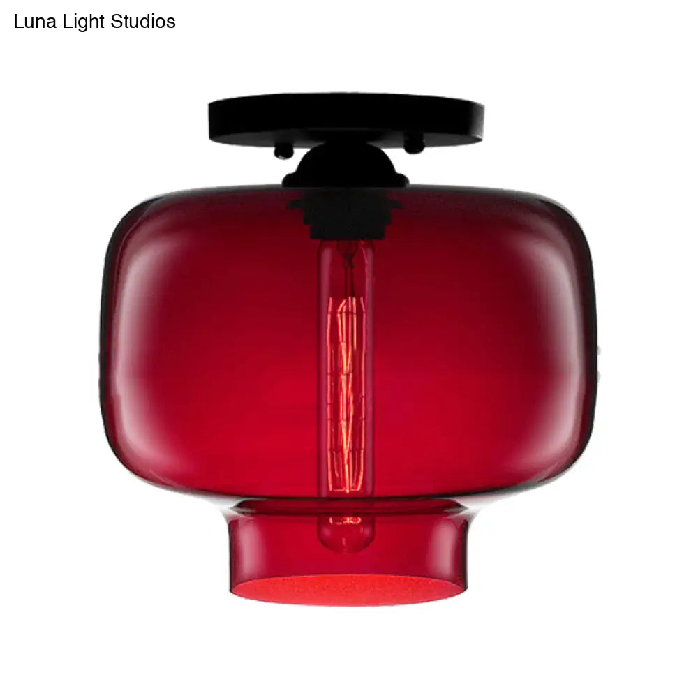 Modern Multi - Colored Lantern Flushmount Light With Glass Shade - Black Finish