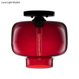 Modern Multi - Colored Lantern Flushmount Light With Glass Shade - Black Finish