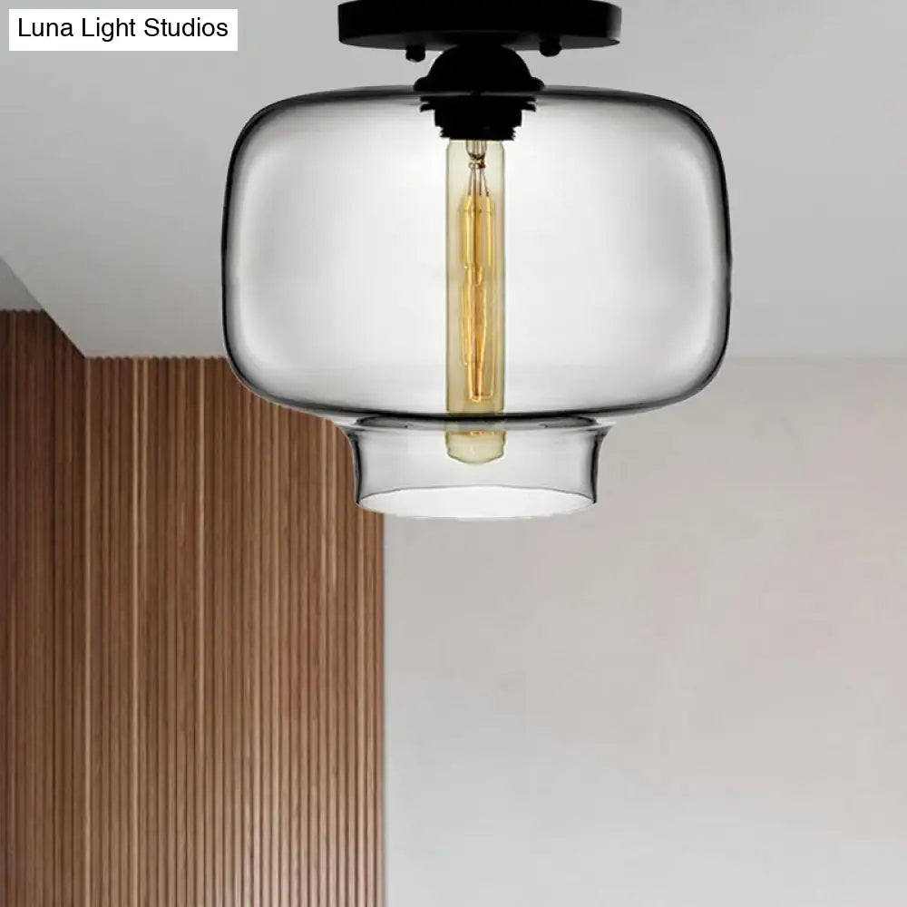 Modern Multi - Colored Lantern Flushmount Light With Glass Shade - Black Finish