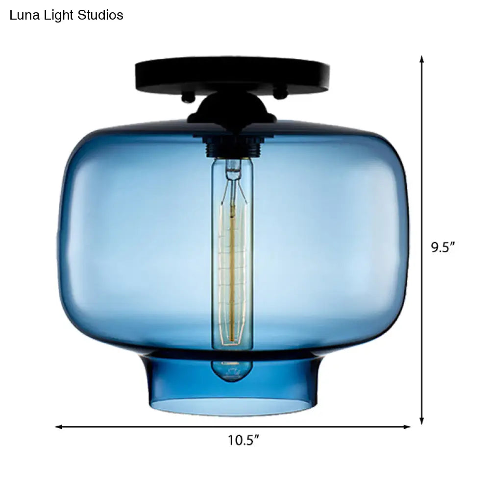Modern Multi - Colored Lantern Flushmount Light With Glass Shade - Black Finish