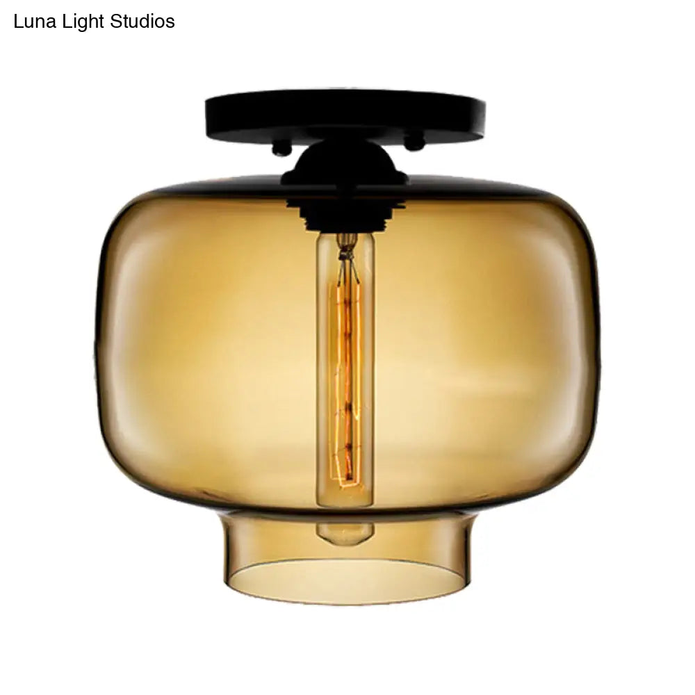 Modern Multi - Colored Lantern Flushmount Light With Glass Shade - Black Finish
