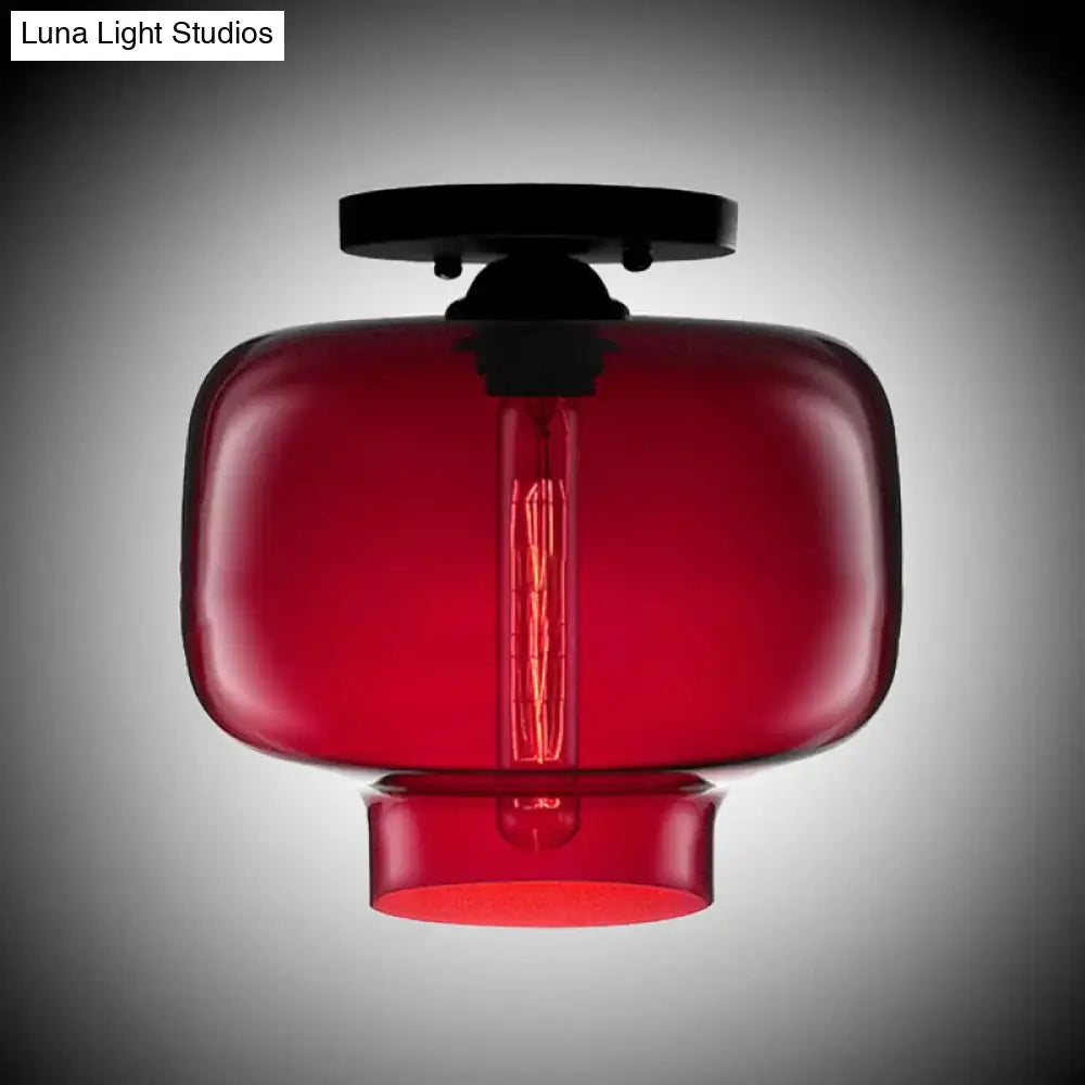 Modern Multi - Colored Lantern Flushmount Light With Glass Shade - Black Finish