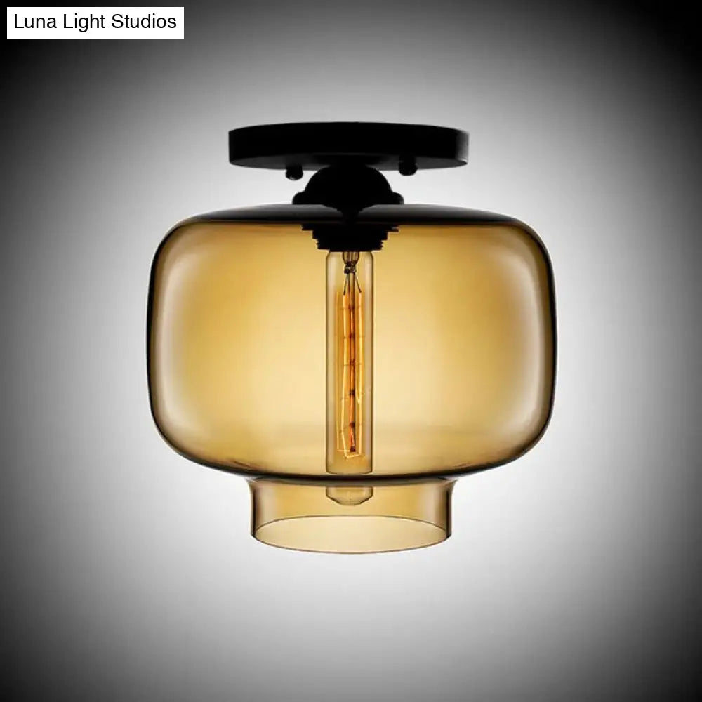Modern Multi - Colored Lantern Flushmount Light With Glass Shade - Black Finish