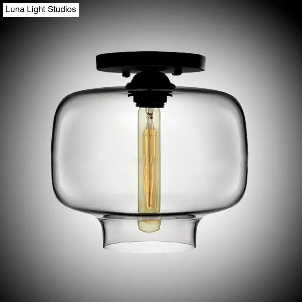 Modern Multi - Colored Lantern Flushmount Light With Glass Shade - Black Finish