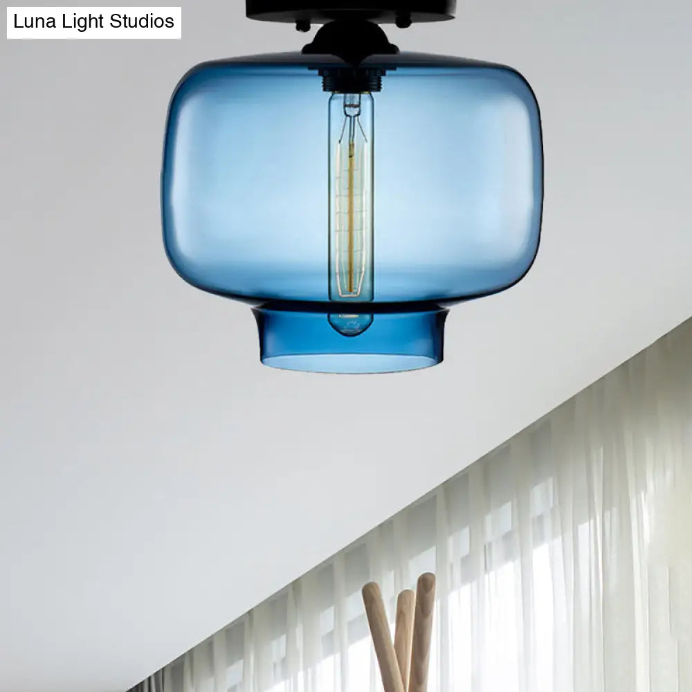 Modern Multi - Colored Lantern Flushmount Light With Glass Shade - Black Finish
