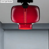 Modern Multi - Colored Lantern Flushmount Light With Glass Shade - Black Finish