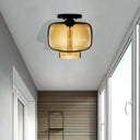 Modern Multi - Colored Lantern Flushmount Light With Glass Shade - Black Finish Amber