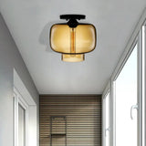 Modern Multi - Colored Lantern Flushmount Light With Glass Shade - Black Finish Amber