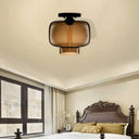 Modern Multi - Colored Lantern Flushmount Light With Glass Shade - Black Finish Coffee