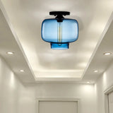 Modern Multi - Colored Lantern Flushmount Light With Glass Shade - Black Finish Sky Blue