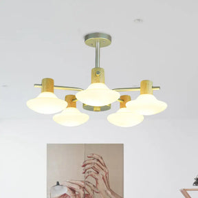Modern Mushroom Semi Flush Ceiling Lamp With Opal Frosted Glass Wood Finish - 5/6 Head For Bedroom