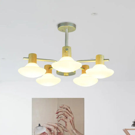 Modern Mushroom Semi Flush Ceiling Lamp With Opal Frosted Glass Wood Finish - 5/6 Head For Bedroom