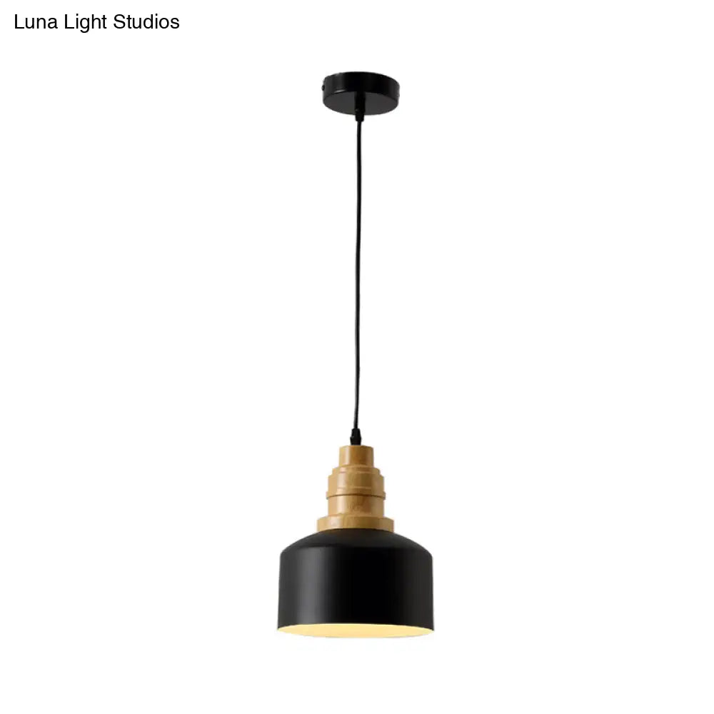 Modern Nordic Black Drum Hanging Pendant Lamp With Wooden Top - 1 Bulb Iron Ceiling Lighting