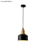 Modern Nordic Black Drum Hanging Pendant Lamp With Wooden Top - 1 Bulb Iron Ceiling Lighting