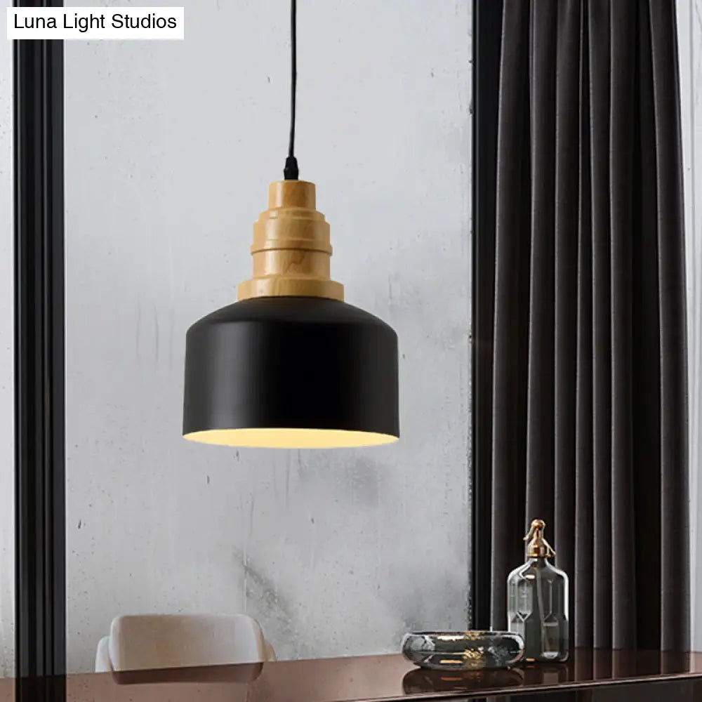 Modern Nordic Black Drum Hanging Pendant Lamp With Wooden Top - 1 Bulb Iron Ceiling Lighting