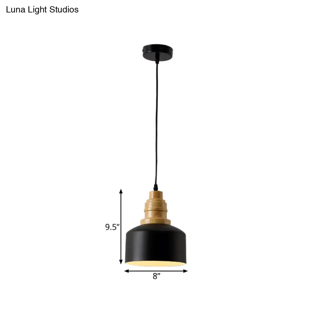 Modern Nordic Black Drum Hanging Pendant Lamp With Wooden Top - 1 Bulb Iron Ceiling Lighting