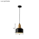 Modern Nordic Black Drum Hanging Pendant Lamp With Wooden Top - 1 Bulb Iron Ceiling Lighting