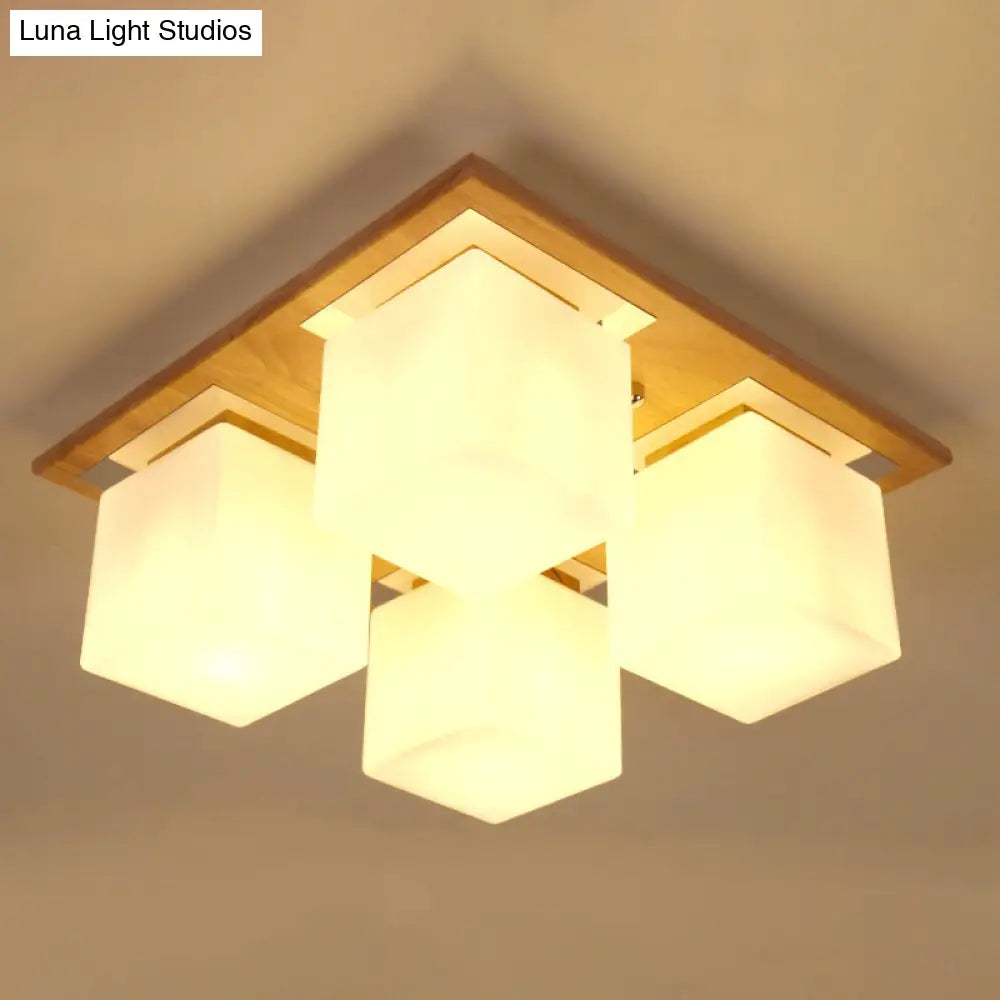 Modern Nordic Opal Glass Cube Semi Flush Ceiling Light With 4 - Lights - Wood Bedroom Mount Lamp