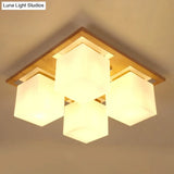 Modern Nordic Opal Glass Cube Semi Flush Ceiling Light With 4 - Lights - Wood Bedroom Mount Lamp