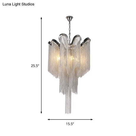 Modern Nordic Style Silver Chandelier With Tassel Metal Accents - 4-Light Hanging Ceiling Fixture