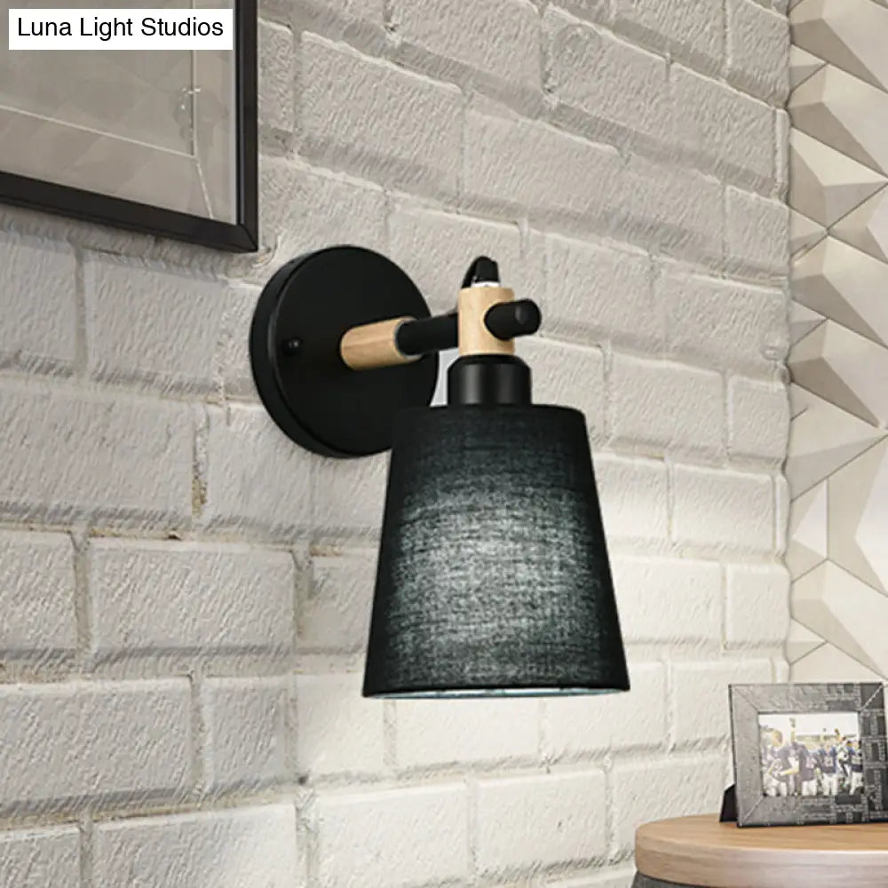 Modern Nordic Wall Lamp With Horn Shade And Wood Joint In Black/White - 1-Light Sconce