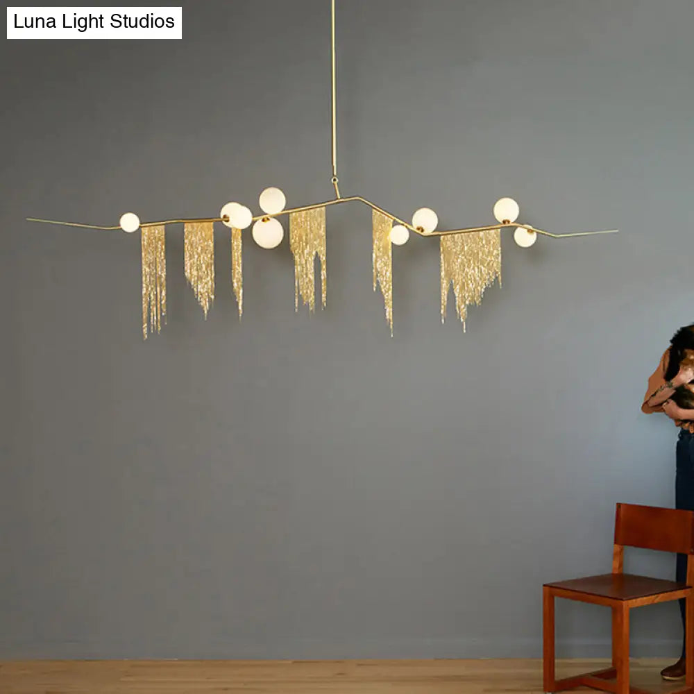 Modern Opal Glass Ball Chandelier Light Kit - 9-Light Drop Pendant In Gold With Tassel Fringe