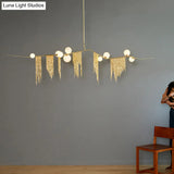 Modern Opal Glass Ball Chandelier Light Kit - 9-Light Drop Pendant In Gold With Tassel Fringe