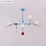 Modern Opal Glass Ball Island Lighting- 7-Light Blue Finish Hanging Lamp Fixture For Dining Room