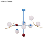 Modern Opal Glass Ball Island Lighting- 7-Light Blue Finish Hanging Lamp Fixture For Dining Room
