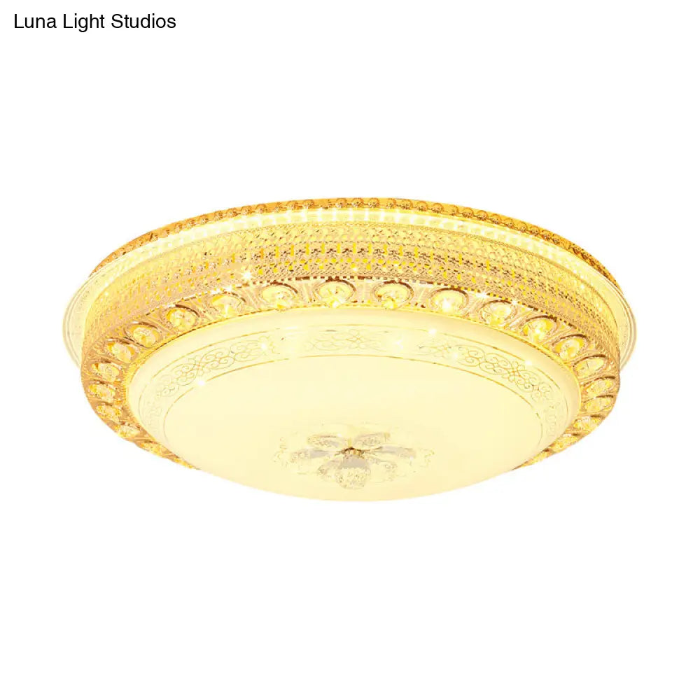 Modern Opal Glass Bowl Flush Light With Led Crystal Accent And Gold Hollow Out Design