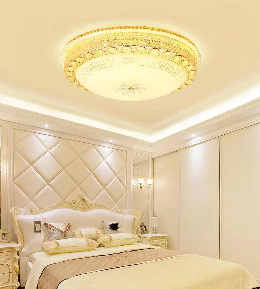 Modern Opal Glass Bowl Flush Light With Led Crystal Accent And Gold Hollow Out Design