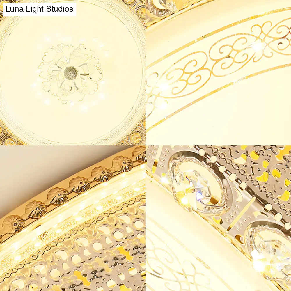 Modern Opal Glass Bowl Flush Light With Led Crystal Accent And Gold Hollow Out Design