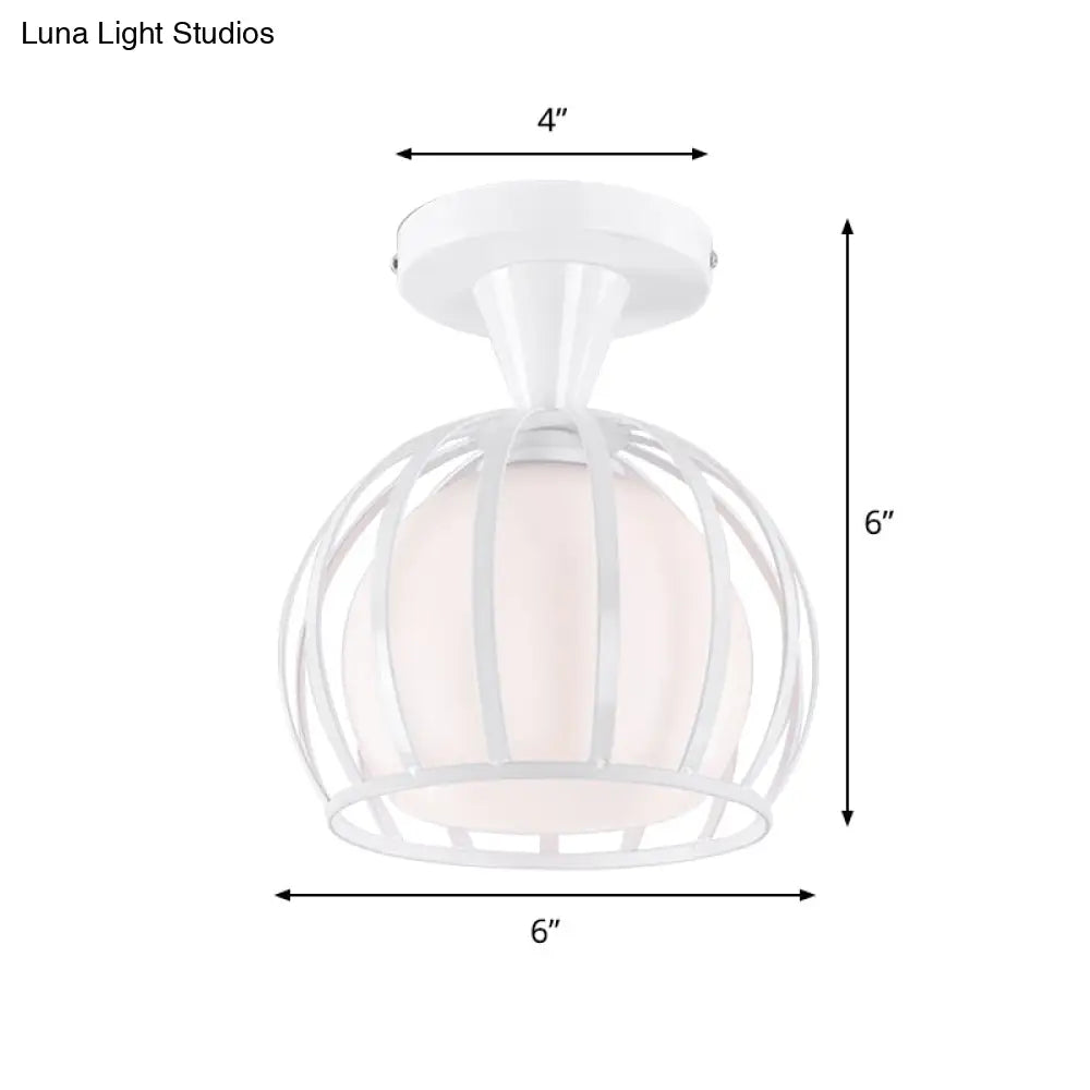 Modern Opal Glass Ceiling Mount Light - Half Globe Semi Flush White With Wire Cage Guard