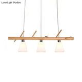 Modern Opal Glass Chandelier With 3-Light Island Lighting In Wood For Dining Room