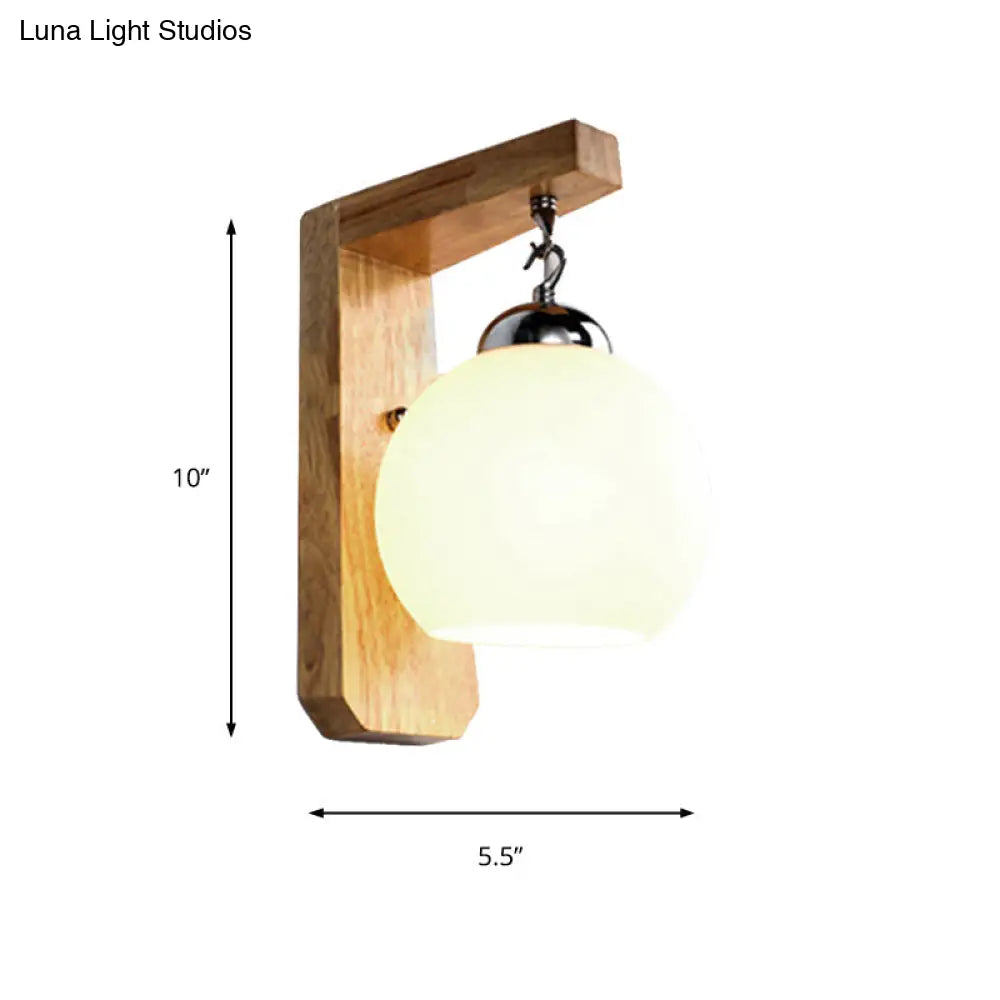 Modern Opal Glass Globe Wall Light With Wood Base - White Sconce For Bedroom