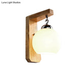 Modern Opal Glass Globe Wall Light With Wood Base - White Sconce For Bedroom