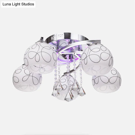 Modern Opal Glass Semi Flush Ceiling Light With Crystal Drop - 3/5 Lights Chrome Finish