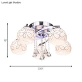 Modern Opal Glass Semi Flush Ceiling Light With Crystal Drop - 3/5 Lights Chrome Finish