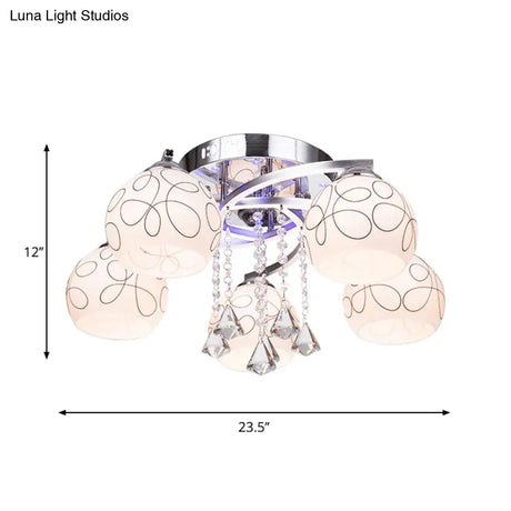 Modern Opal Glass Semi Flush Ceiling Light With Crystal Drop - 3/5 Lights Chrome Finish