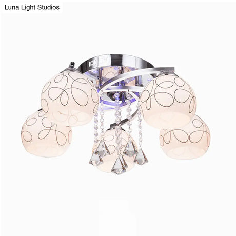 Modern Opal Glass Semi Flush Ceiling Light With Crystal Drop - 3/5 Lights Chrome Finish