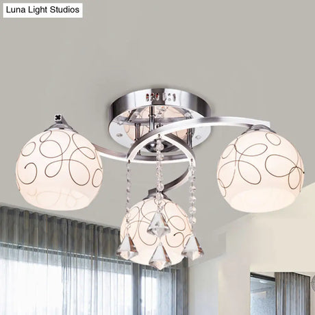 Modern Opal Glass Semi Flush Ceiling Light With Crystal Drop - 3/5 Lights Chrome Finish