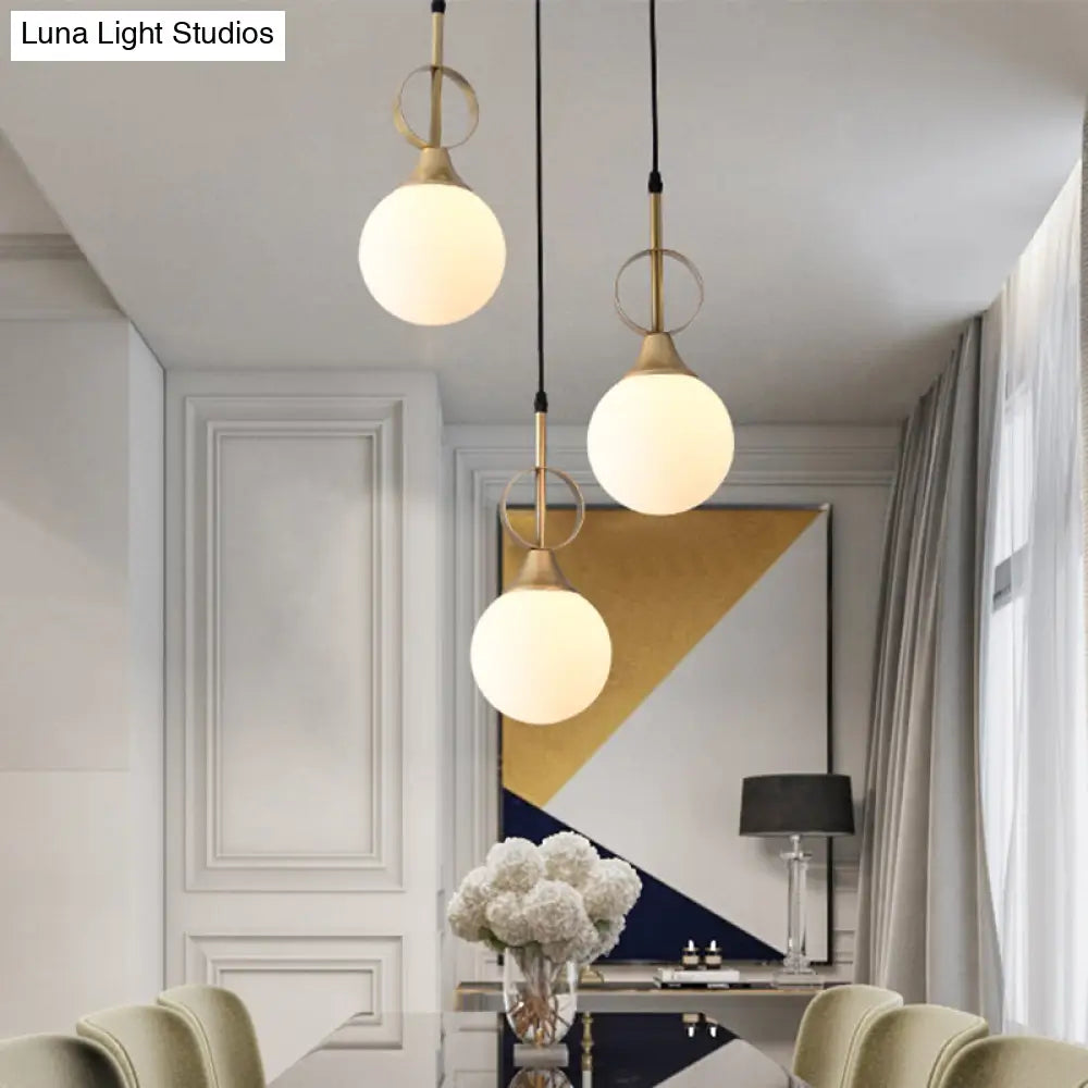 Modern Opal Glass Single Bedside Pendant Lamp - Minimalist Ball Hanging Kit With Black-Gold Ring Top